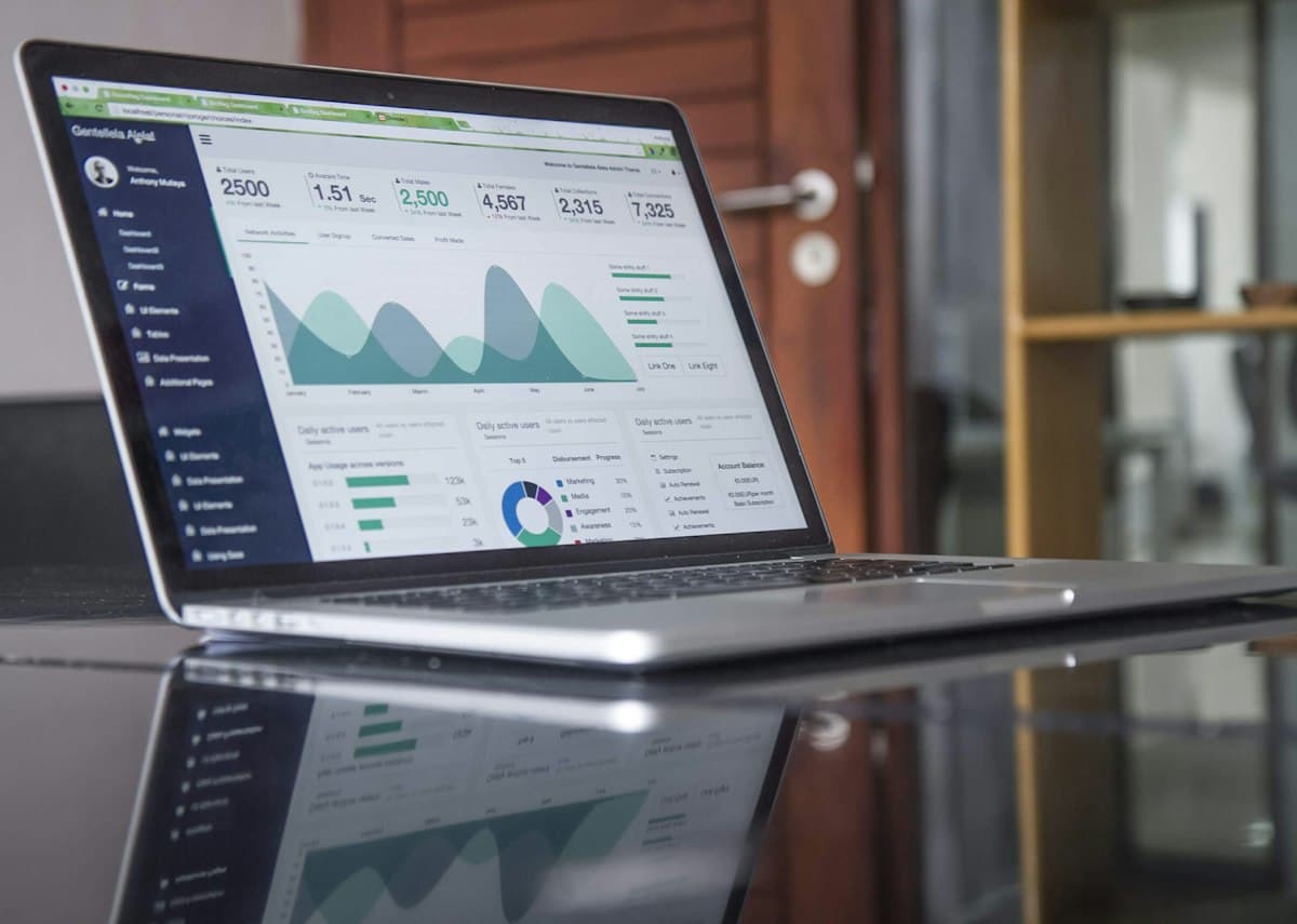A laptop displaying charts and business analytics